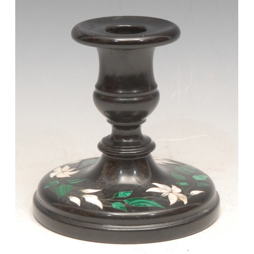 3556 - A 19th century Derbyshire Ashford marble candlestick, campana sconce, the domed base inlaid in malac... 