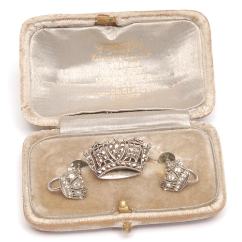 3659 - A Victorian silver suite, comprising a brooch and a pair of screw back earrings, each has a coronet ... 