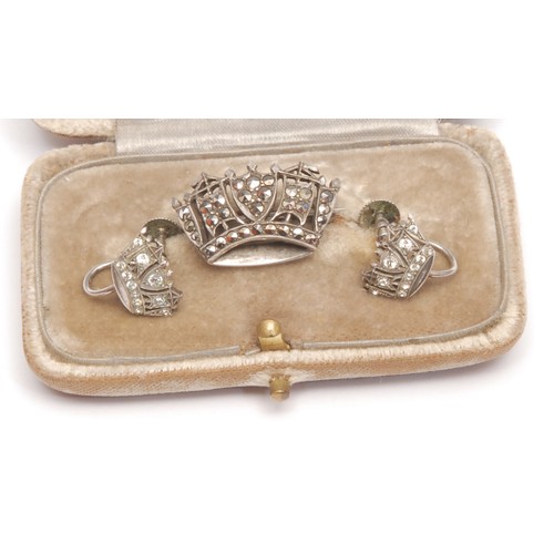 3659 - A Victorian silver suite, comprising a brooch and a pair of screw back earrings, each has a coronet ... 