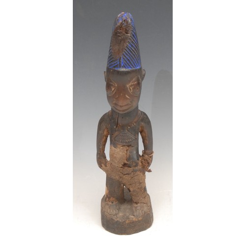 3782 - Tribal Art - a Yoruba Ibeji figure, decorated with blue pigment, 27.5cm high, Nigeria