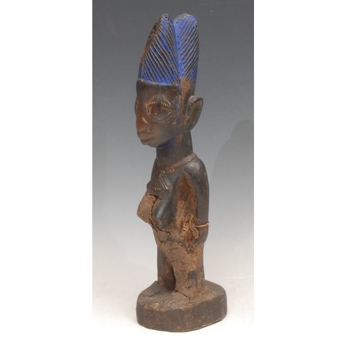 3782 - Tribal Art - a Yoruba Ibeji figure, decorated with blue pigment, 27.5cm high, Nigeria