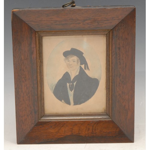 3376 - English School (19th century), a portrait miniature of a young sailor, watercolour, within a feigned... 