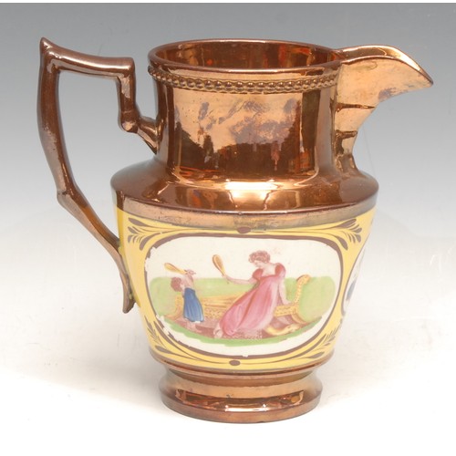 3550 - A 19th century copper lustre jug, decorated in polychrome, with a mother and child beside a Regency ... 