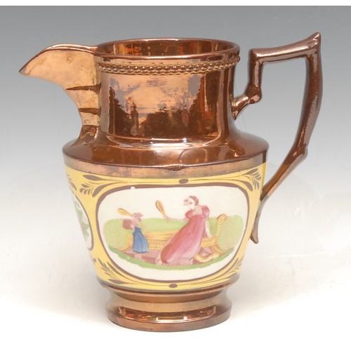 3550 - A 19th century copper lustre jug, decorated in polychrome, with a mother and child beside a Regency ... 