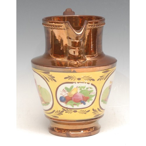 3550 - A 19th century copper lustre jug, decorated in polychrome, with a mother and child beside a Regency ... 