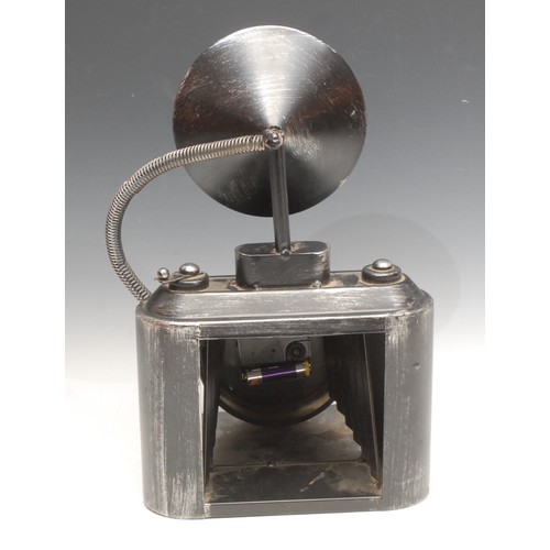 3008 - A 20th century French tin mantel clock, modelled as a folding camera, black dial, 31cm high