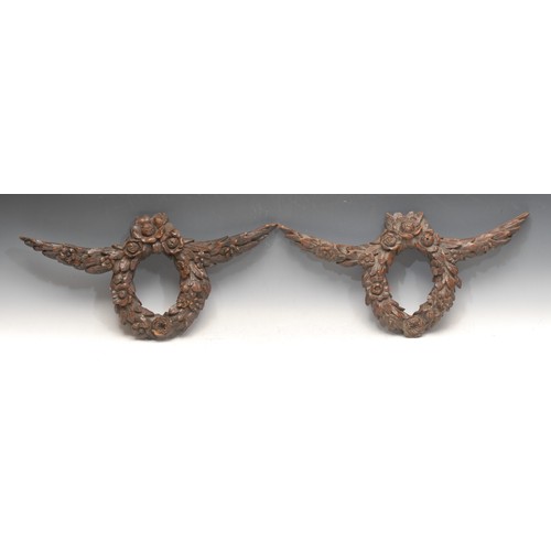 3698 - Treen - a pair of late 19th/early 20th century French folk art oak carved garlands or wreaths, 23cm ... 