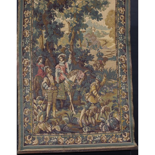 3423 - Interior Decoration - a French cotton tapestry, worked with falconers hunting, 209cm high, 118cm wid... 