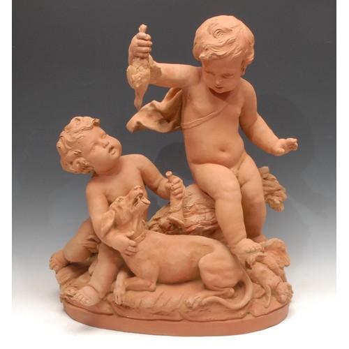 3405 - French School (early 20th century), a terracotta maquette, Putti with Hunting Dog and Prey, signed *... 