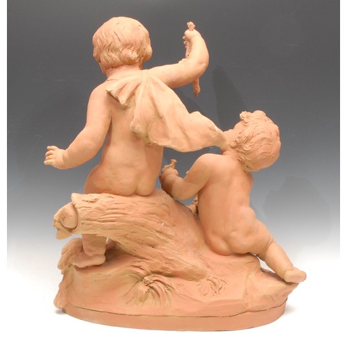 3405 - French School (early 20th century), a terracotta maquette, Putti with Hunting Dog and Prey, signed *... 