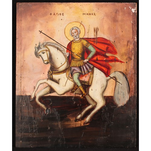 3321 - An Eastern Orthodox icon, painted in polychrome, with Saint Menas, 36cm x 30cm