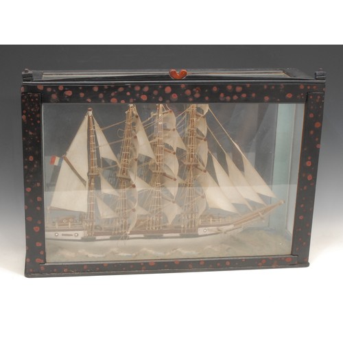 3389 - Folk Art - a French model ship, Bretagne, glazed case, 36cm high, 53.5cm wide