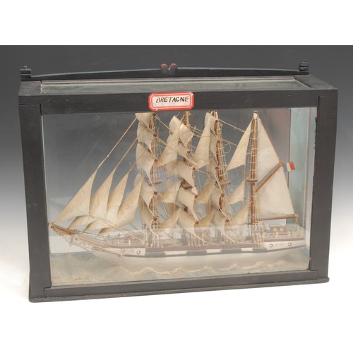 3389 - Folk Art - a French model ship, Bretagne, glazed case, 36cm high, 53.5cm wide