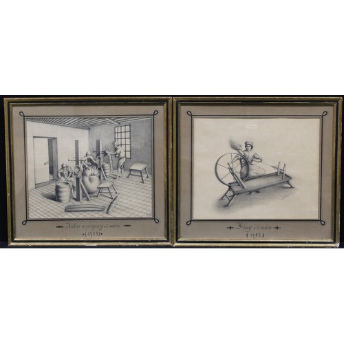 4055 - French School (18th Century)
A pair, Ropemakers, 
signed L. Faux?, charcoal drawings, 41cm x 50cm