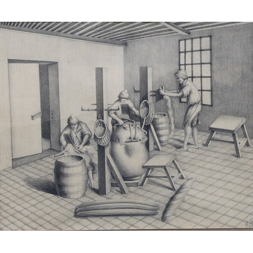 4055 - French School (18th Century)
A pair, Ropemakers, 
signed L. Faux?, charcoal drawings, 41cm x 50cm