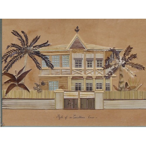 4054 - A Colonial straw work picture, of a Caribbean house, 48cm x 60cm