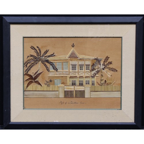 4054 - A Colonial straw work picture, of a Caribbean house, 48cm x 60cm