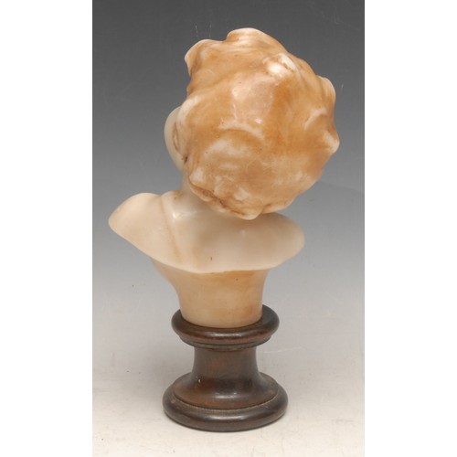 3056 - A Continental wax carving of a putto, turned base, 23.5cm high, mid 20th century