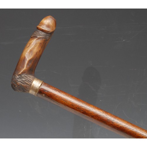 3382 - Erotica - a novelty walking stick, the bone handle carved as a phallus, hardwood cane, 76cm long