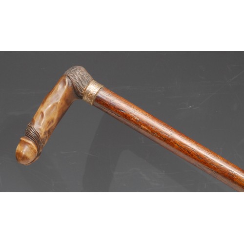 3382 - Erotica - a novelty walking stick, the bone handle carved as a phallus, hardwood cane, 76cm long