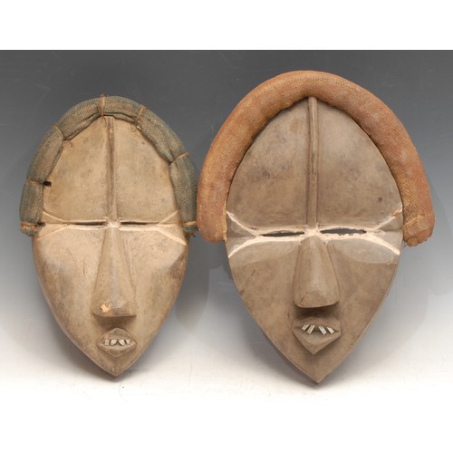 3764 - Tribal Art - a Dan mask, concave features with central ridge, the narrow features picked out in whit... 