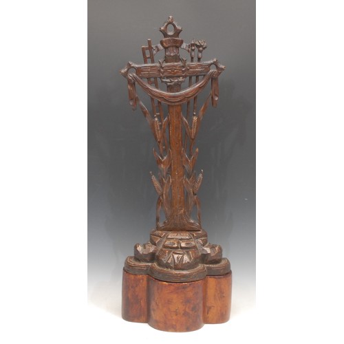 3066 - A French softwood cross, carved with wheat and a crown of thorns, 62cm high, c. 1900