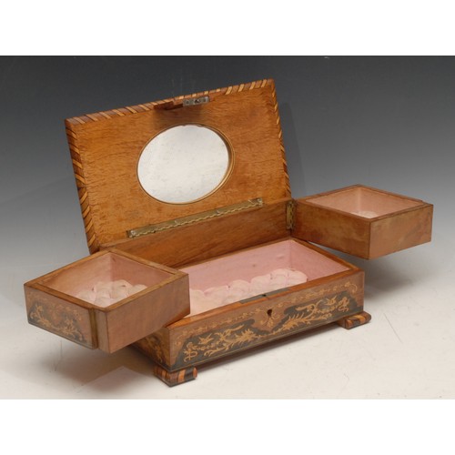 3338 - An Italian marquetry musical vanity case, the inlaid hinged cover revealing a cushioned interior, 11... 