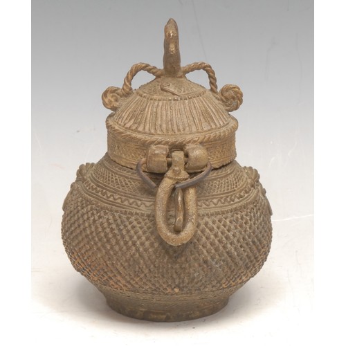 3510 - Tribal Art - a Benin type incense jar, peacock finial, 12cm high