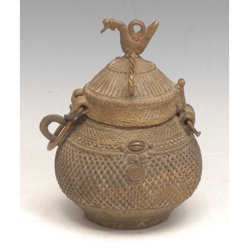 3510 - Tribal Art - a Benin type incense jar, peacock finial, 12cm high