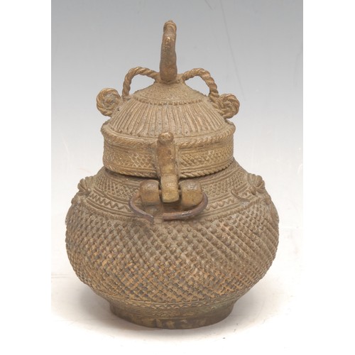 3510 - Tribal Art - a Benin type incense jar, peacock finial, 12cm high