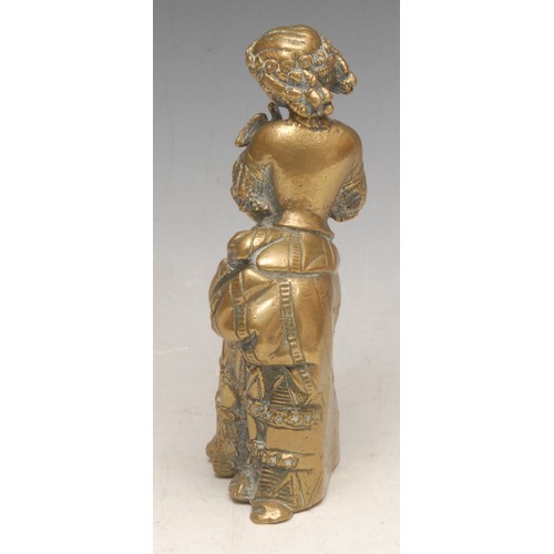 3566 - A 19th century French bronze figurine, cast as a young girl holding a dove, 14cm high