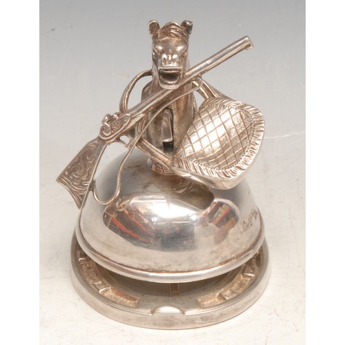 3278 - An early 20th century Continental silver plated novelty desk bell, mounted with a horse bust and rif... 