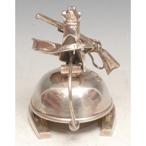 3278 - An early 20th century Continental silver plated novelty desk bell, mounted with a horse bust and rif... 