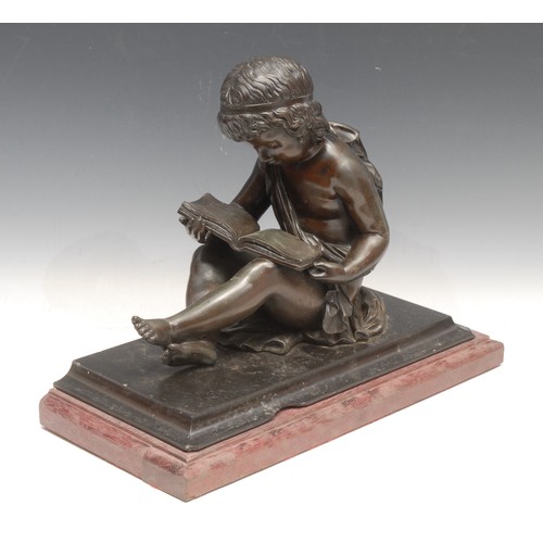 3402 - French School (19th century), a bronze, of a seated putto reading, marble plinth on a later stepped ... 