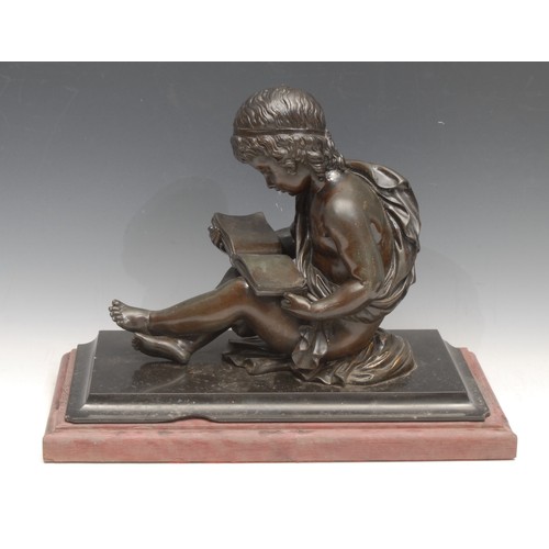 3402 - French School (19th century), a bronze, of a seated putto reading, marble plinth on a later stepped ... 