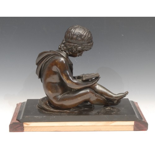 3402 - French School (19th century), a bronze, of a seated putto reading, marble plinth on a later stepped ... 