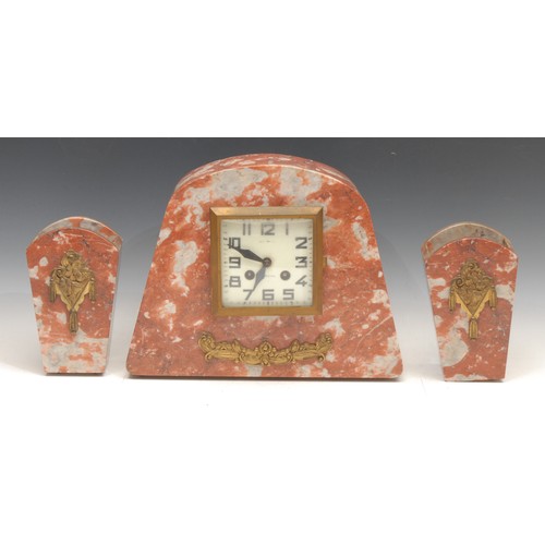 3650 - A French Art Deco marble clock garniture, 9.5cm square dial inscribed with Arabic numerals, twin win... 