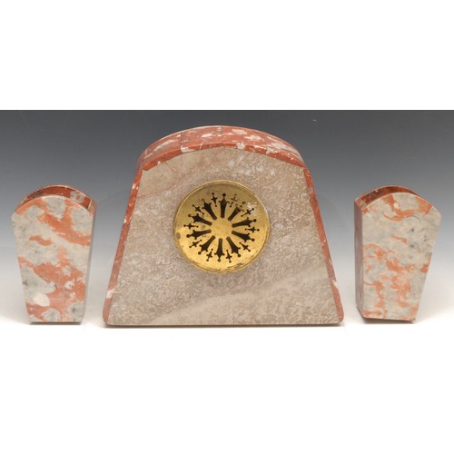 3650 - A French Art Deco marble clock garniture, 9.5cm square dial inscribed with Arabic numerals, twin win... 