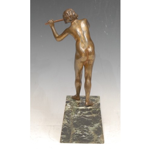 3241 - After Rene Paul Marquet (1875-1939), an Art Deco bronze, cast as a female nude playing a pipe, green... 