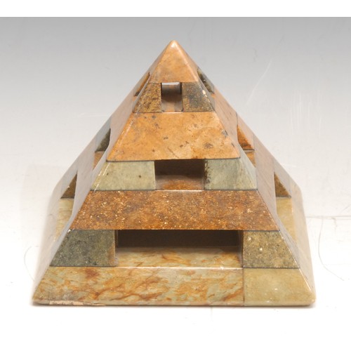 3086 - A Grand Tour style marble pyramid desk weight, pierced sides, 10cm high, early 20th century