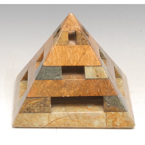 3086 - A Grand Tour style marble pyramid desk weight, pierced sides, 10cm high, early 20th century