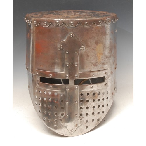 3344 - Arms and Armour - Battle Re-enactment - a steel facsimile, of a medieval crusader helmet, leather li... 