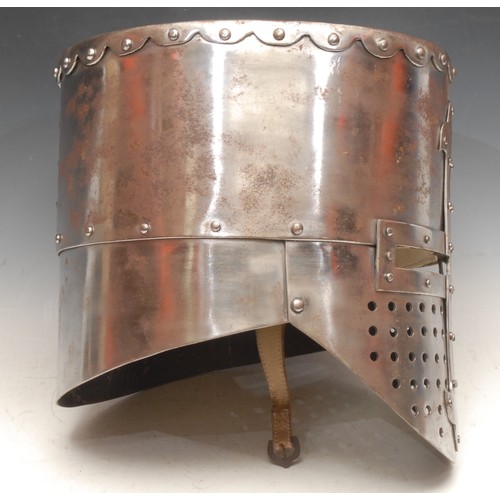 3344 - Arms and Armour - Battle Re-enactment - a steel facsimile, of a medieval crusader helmet, leather li... 