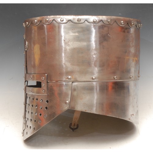 3344 - Arms and Armour - Battle Re-enactment - a steel facsimile, of a medieval crusader helmet, leather li... 