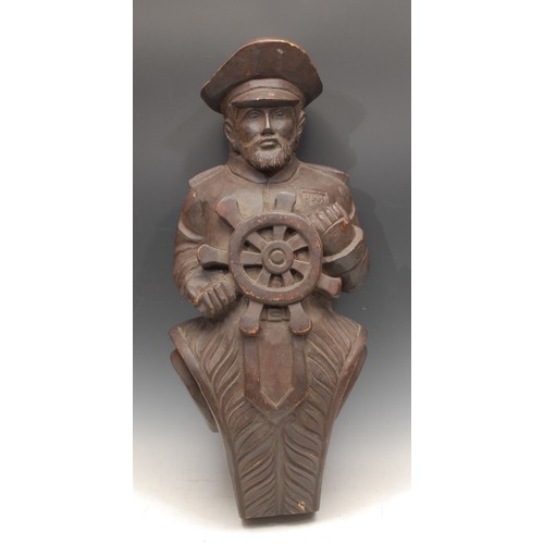 3614 - A 19th century style carving, of a sea captain, ship's wheel in hand, depicted in the manner of a fi... 