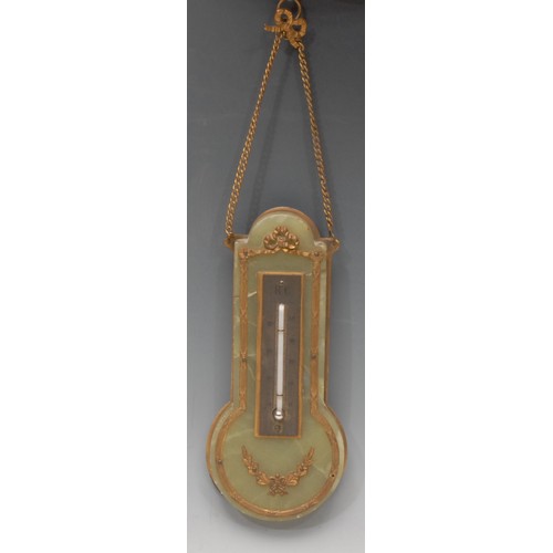 3063 - A French gilt metal mounted onyx thermometer, initialled 'RC', suspension chain, 15cm high, c. 1900