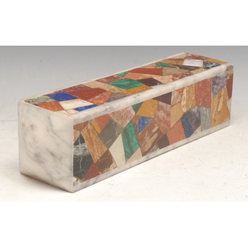 3175 - A pietra dura rectangular desk weight, inlaid with malachite, jasper, onyx, and other specimen stone... 