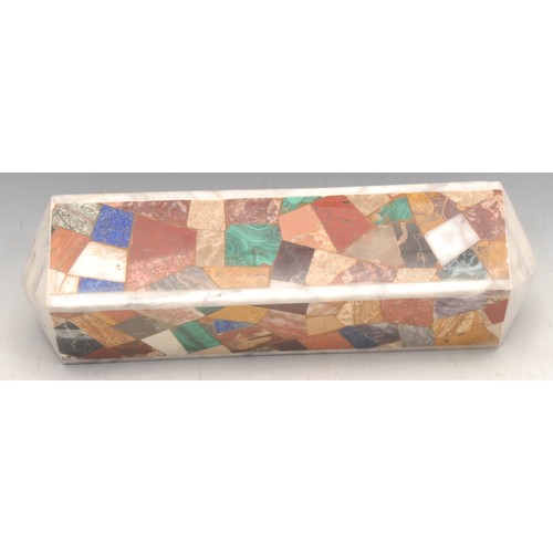 3175 - A pietra dura rectangular desk weight, inlaid with malachite, jasper, onyx, and other specimen stone... 