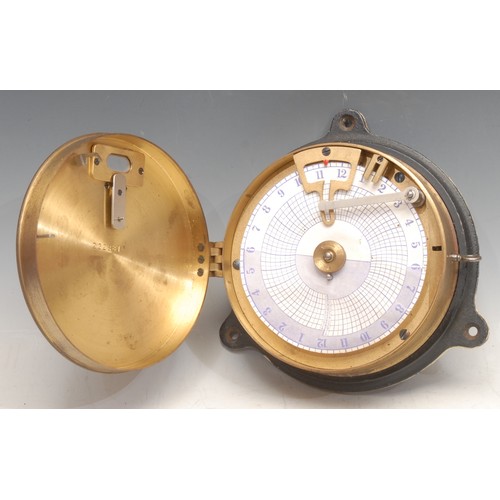 3109 - A mid 20th century brass night watchman's time recorder, hinged cover enclosing clock mechanism and ... 