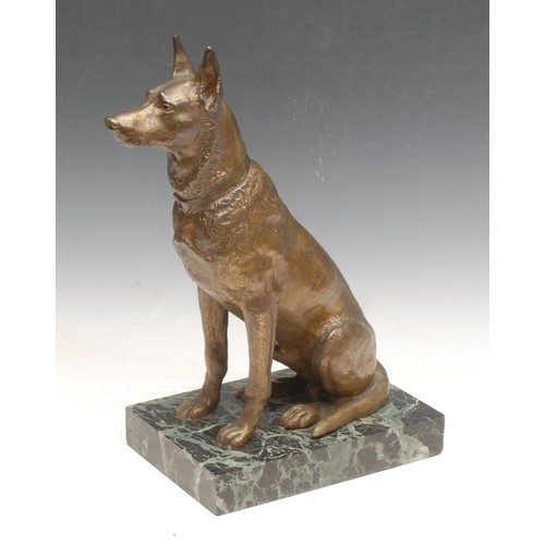 3541 - A 19th century bronze, cast as a German Shepherd, mounted on a marble base, 31.5cm high overall